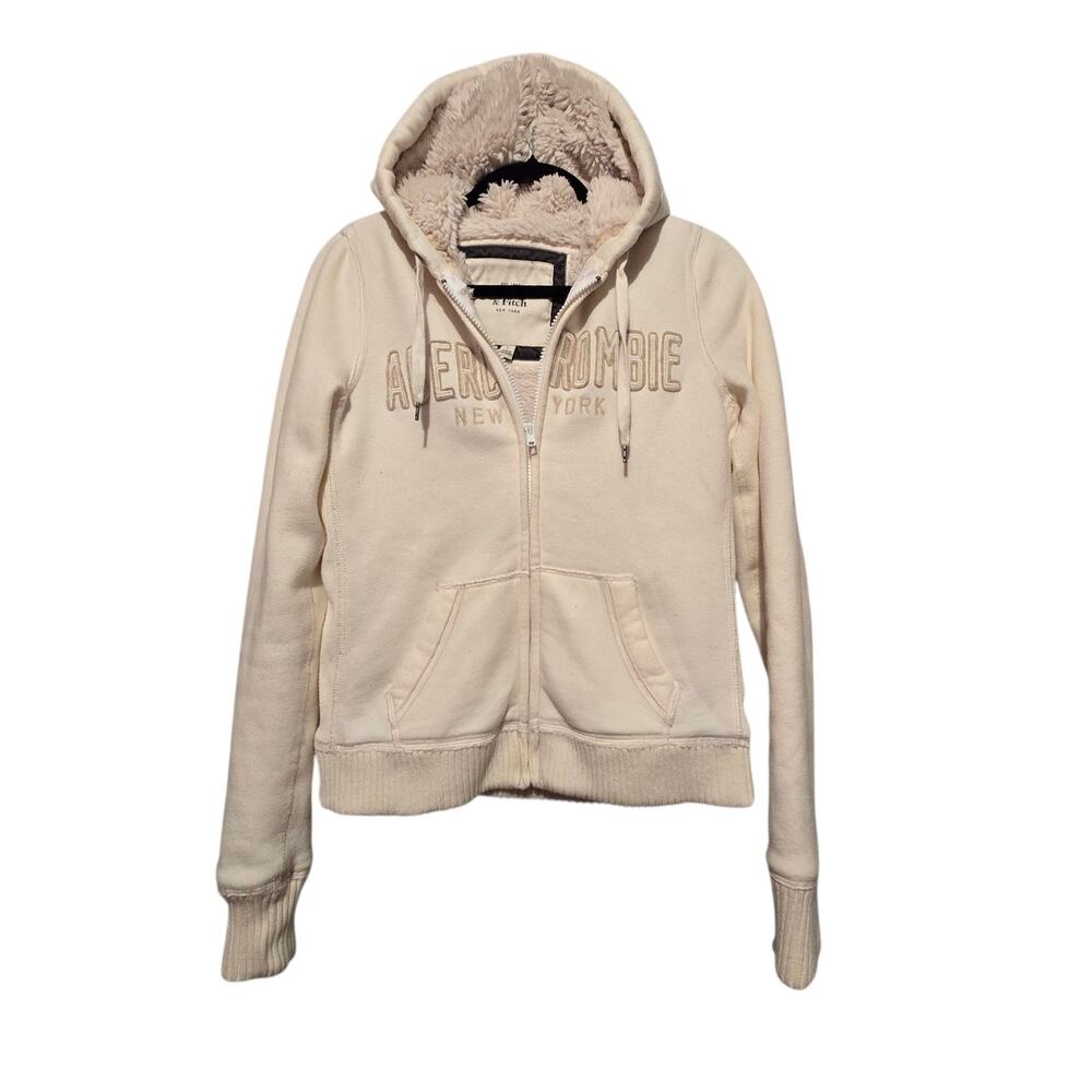 Vtg 90s Y2K Abercrombie Fitch NY AHoodie Womens L Ivory Sherpa‎ Lined Patch Logo